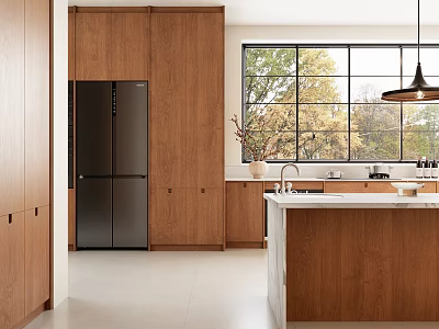 Modern Kitchen Interior With Wooden Cabinets Black Refrigerator Island Sink And Large Windows 3d model