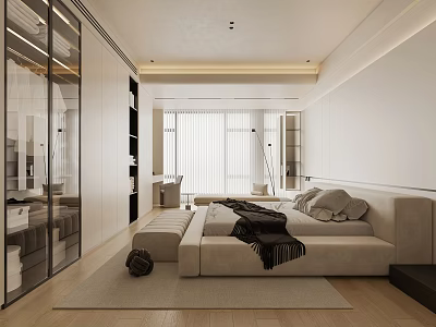 Modern Bedroom Interior With Platform Bed Glass Wardrobe Wooden Flooring And Recessed Lighting 3d model