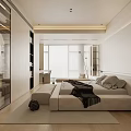 Modern Bedroom Interior With Platform Bed Glass Wardrobe Wooden Flooring And Recessed Lighting