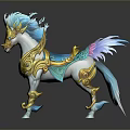 Mythical Fantasy Horse With Blue Mane Tail White Body Golden Armor And Colorful Saddle