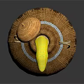 Yellow Bird Peeking Out From Brown Woven Basket With Lid And Patterns