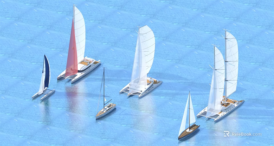 Several sailboats with white sails sailing smoothly on the blue sea 3d model 