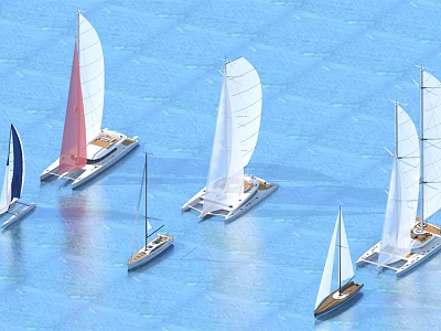 Several sailboats with white sails sailing smoothly on the blue sea 3d model