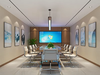 Modern Conference Room Interior With Long Table Chairs Large Screen Green Plant And Wall Paintings 3d model