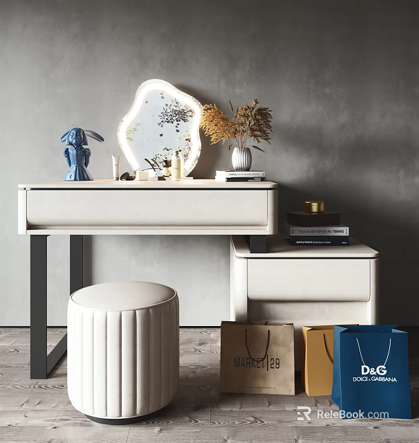Modern Light Colored Dressing Table With Unique Shaped Mirror Blue Sculpture And Round Pleated Stool 3d model 
