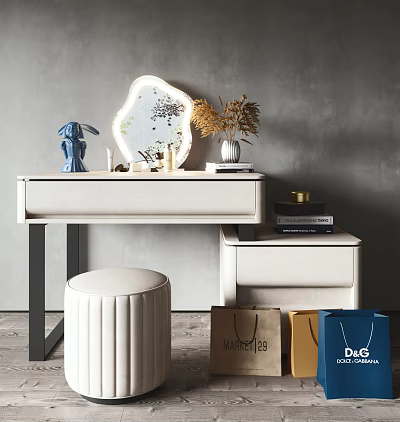 Modern Light Colored Dressing Table With Unique Shaped Mirror Blue Sculpture And Round Pleated Stool 3d model