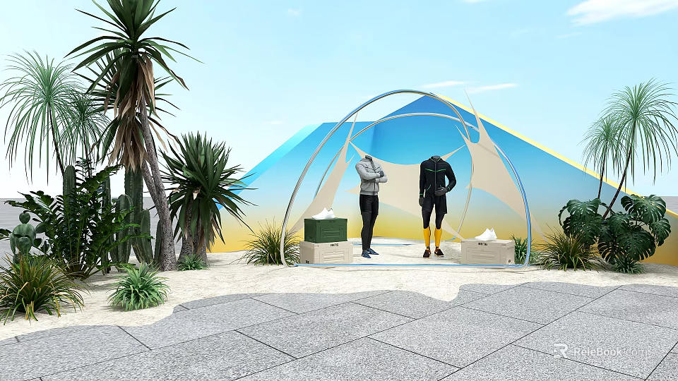 Window Display Decoration with Two Dressed Mannequins Palm Trees and Geometric Patterns 3d model 