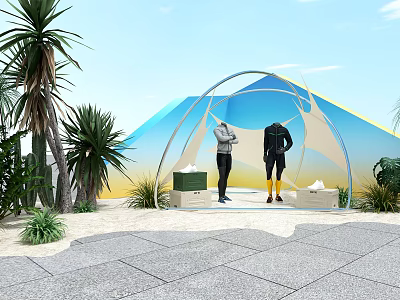 Window Display Decoration with Two Dressed Mannequins Palm Trees and Geometric Patterns 3d model
