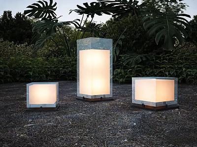 Three Square Modern Outdoor Lights Illuminated in Garden with Green Plants at Dusk 3d model