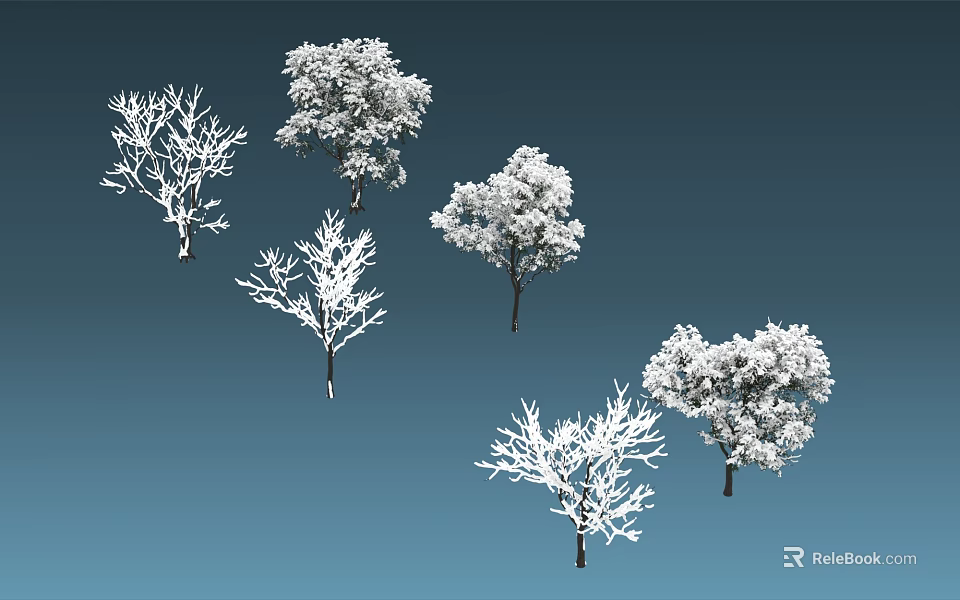 Six Snow Covered Trees In Winter Landscape With Dark Blue Background 3d model