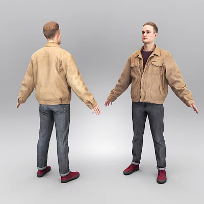 Man Wearing Brown Jacket Dark Jeans And Red Shoes Front Back Views 3d model