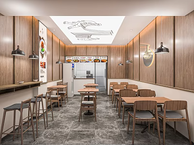 Modern Restaurant Interior With Wooden Tables Chairs Bar Counter And Pendant Lights 3d model