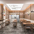 Modern Restaurant Interior With Wooden Tables Chairs Bar Counter And Pendant Lights