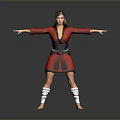 Woman In Red Traditional Costume With Arms Outstretched Against Gray Background