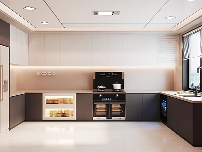Modern Kitchen Interior With White And Dark Cabinets Glass Doors And Appliances 3d model