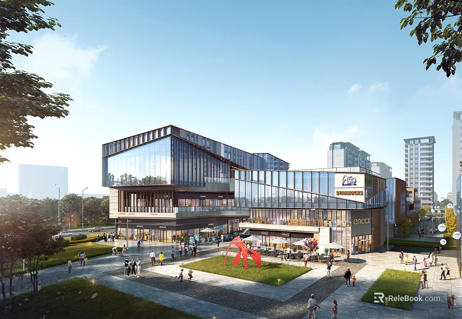 Modern Commercial Street With Glass Buildings Shops Outdoor Plaza Green Spaces And Pedestrians 3d model 
