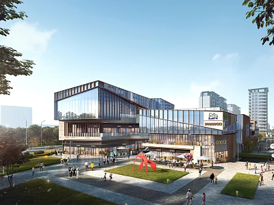 Modern Commercial Street With Glass Buildings Shops Outdoor Plaza Green Spaces And Pedestrians 3d model
