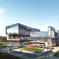 Modern Commercial Street With Glass Buildings Shops Outdoor Plaza Green Spaces And Pedestrians