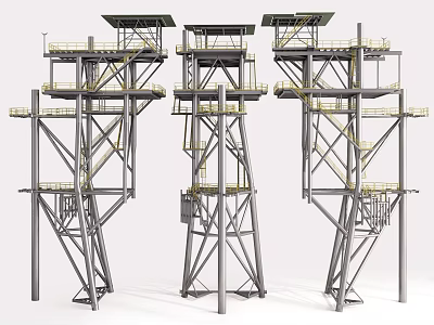 Three Heavy Duty Industrial Metal Towers With Platforms Ladders And Railings 3d model