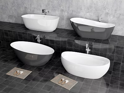 Stylish White and Gray Freestanding Bathtubs in Modern Bathroom with Bath Mats and Slippers 3d model