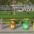 Colorful Cartoon Designed Recycling Bins As Public Facilities in Outdoor Area With Trees Background
