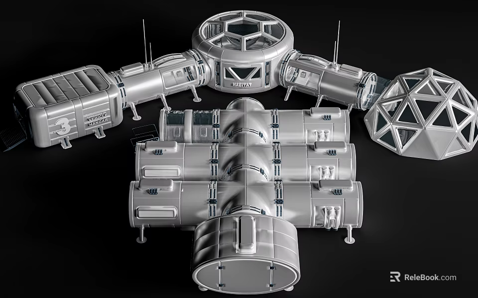 Cartoon Sci Fi Space Station Scene With Metallic Structures And Modules 3d model