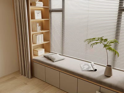 Tatami Bedroom Interior Design With Built in Bookshelf Window Blinds And Potted Plant 3d model