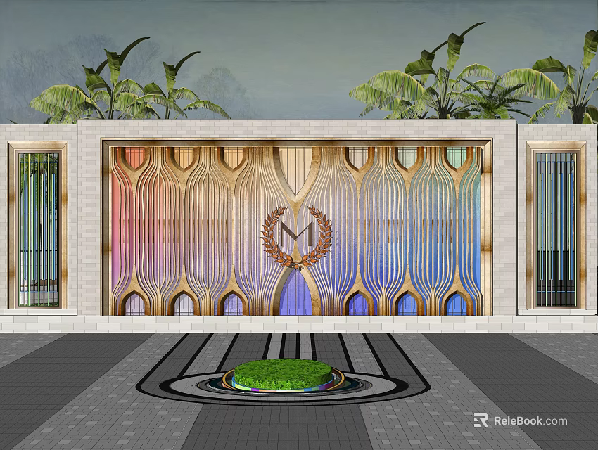 Decorative Feature Wall With Colorful Stripes Laurel Emblem Top Green Plants And Front Lawn 3d model 