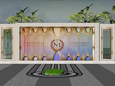 Decorative Feature Wall With Colorful Stripes Laurel Emblem Top Green Plants And Front Lawn 3d model