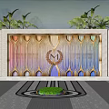 Decorative Feature Wall With Colorful Stripes Laurel Emblem Top Green Plants And Front Lawn