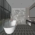 Modern Bathroom With White Bathtub Glass Shower Marble Walls Double Sink Vanity And Geometric Tiles