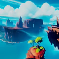 Vibrant Cartoon Landscape With Floating Rock Formations And Blue Lagoon