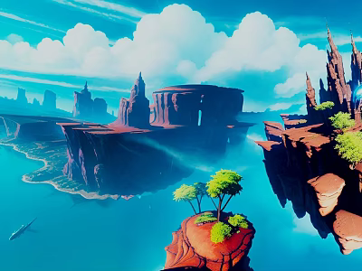 Vibrant Cartoon Landscape With Floating Rock Formations And Blue Lagoon 3d model