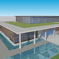 Modern Sales Office Building With Unique Roof Structure Lattice Decor And Water Feature