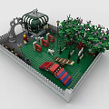 Building Blocks Garden Scene With Green White Striped Hut Trees Fence And Mini Figures