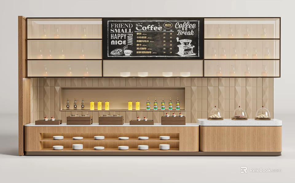 Cozy Café Restaurant Interior With Coffee Menu Board And Pastry Display Shelves 3d model 