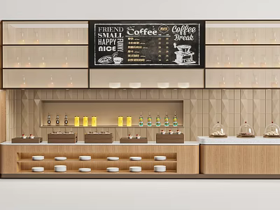 Cozy Café Restaurant Interior With Coffee Menu Board And Pastry Display Shelves 3d model