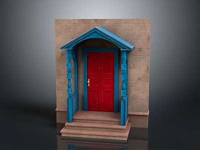Traditional Porch Entrance With Red Door Blue Frame And Brick Wall Steps 3d model