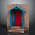 Traditional Porch Entrance With Red Door Blue Frame And Brick Wall Steps