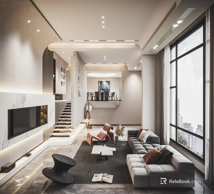 Modern Duplex Living Room Interior Design With Large Windows City View Sofa And Staircase 3d model 