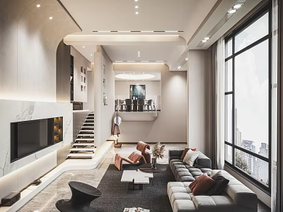Modern Duplex Living Room Interior Design With Large Windows City View Sofa And Staircase 3d model
