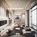 Modern Duplex Living Room Interior Design With Large Windows City View Sofa And Staircase