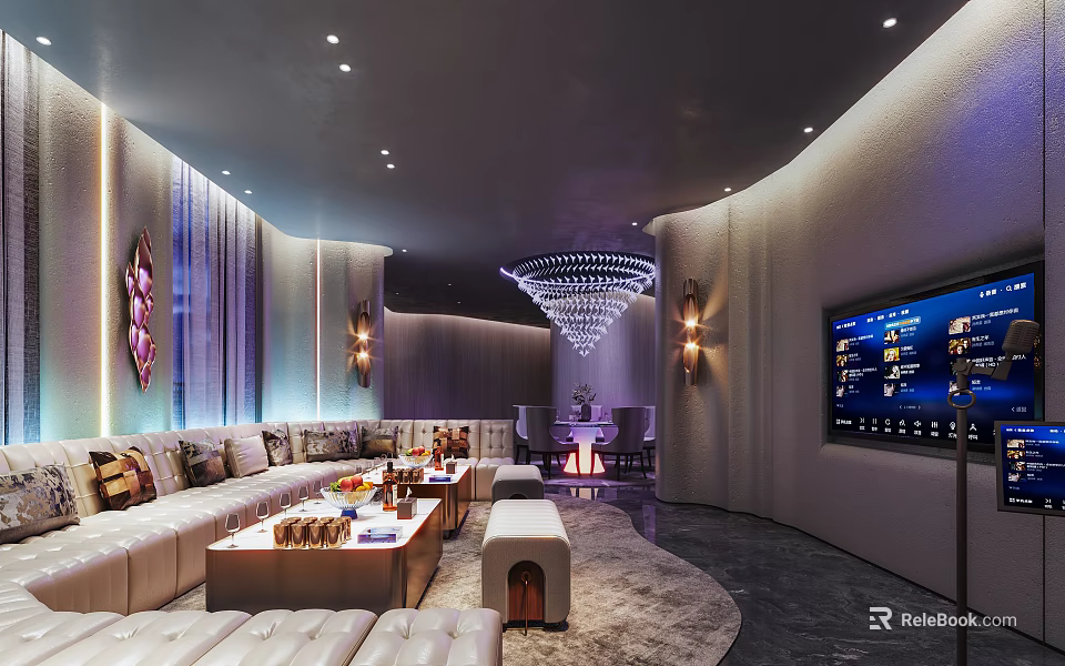 Luxury KTV Room Interior With Modern Sofa Large Screen And Chandelier 3d model 