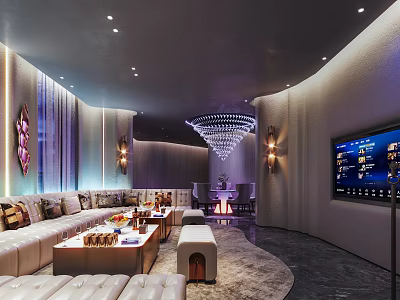 Luxury KTV Room Interior With Modern Sofa Large Screen And Chandelier 3d model