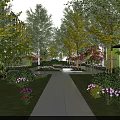 Garden Landscape Featuring White Pathway Green Lawn And Colorful Trees Flowers