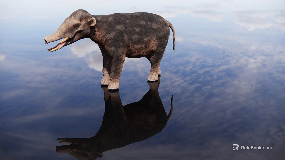 Ancient Reptile Standing On Water Surface With Clear Reflection And Blue Sky Background 3d model 