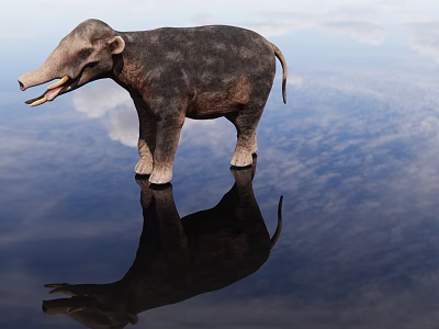 Ancient Reptile Standing On Water Surface With Clear Reflection And Blue Sky Background 3d model