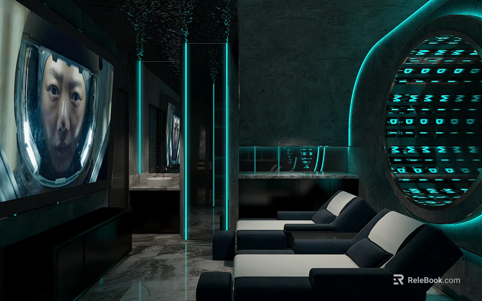 Modern SPA Sauna Relaxation Area With Blue Neon Lights Large TV And Black White Loungers 3d model 