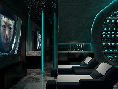 Modern SPA Sauna Relaxation Area With Blue Neon Lights Large TV And Black White Loungers 3d model