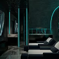 Modern SPA Sauna Relaxation Area With Blue Neon Lights Large TV And Black White Loungers